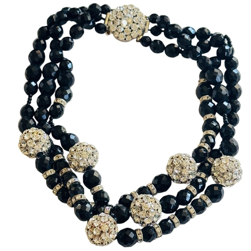 VTG Runway Regal Multi Bib Couture Necklace Rhinestone Jet Black crystal Choker